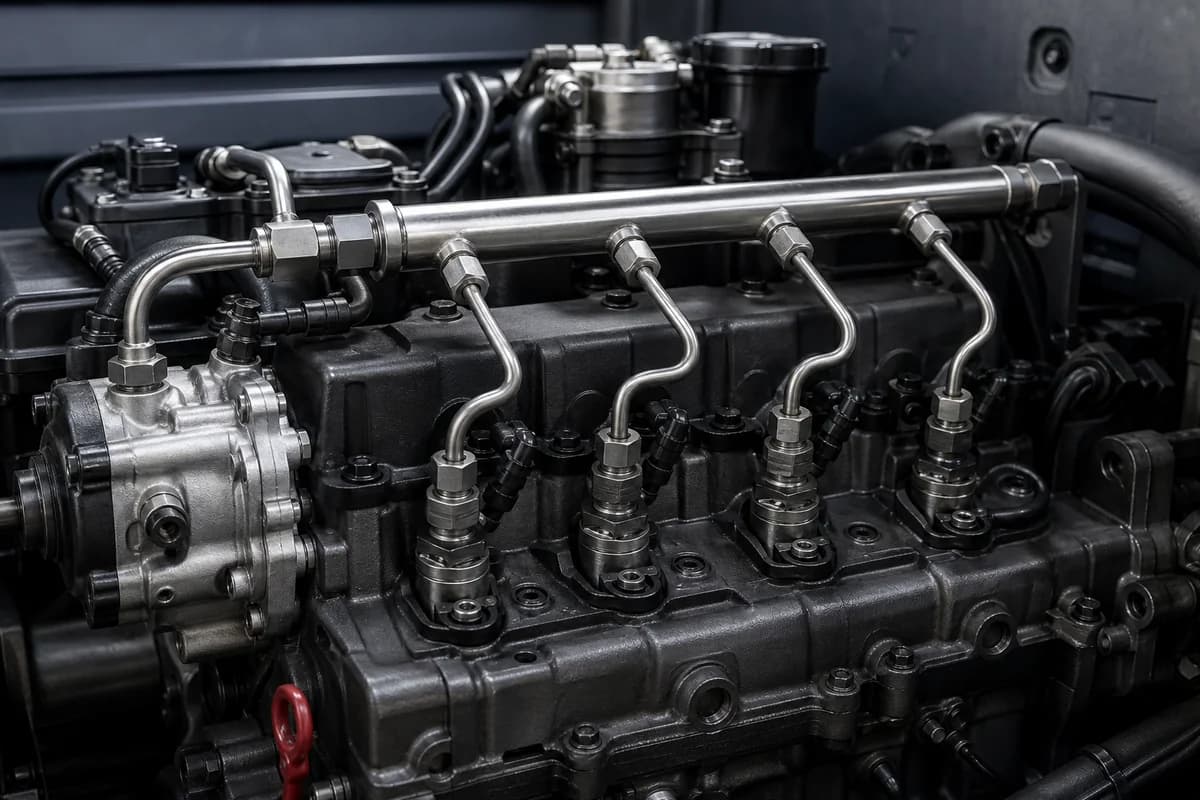 Installed common-rail diesel pump, rail, high-pressure lines, and injectors