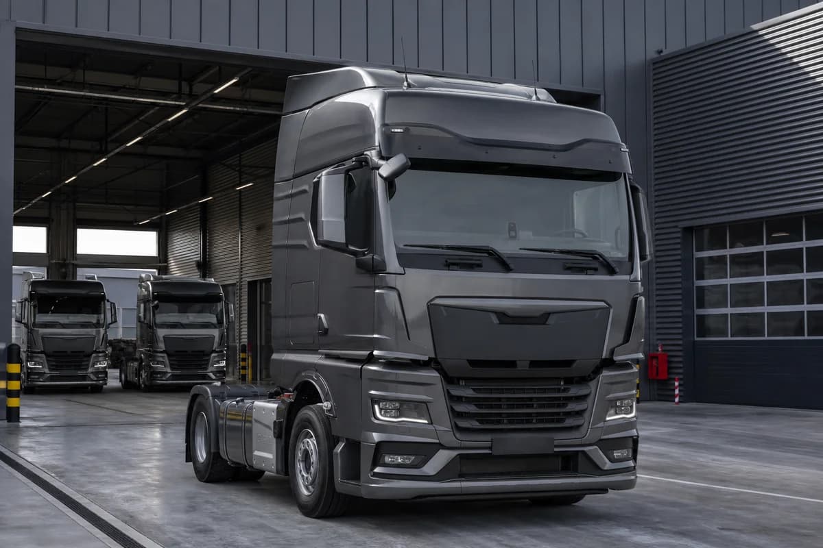 Heavy-duty commercial truck fleet in a maintenance depot