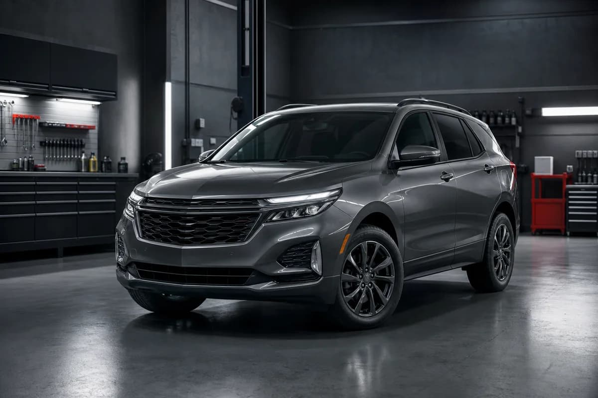 Graphite passenger SUV in a professional service workshop